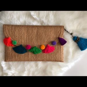 Tassel Pompom Straw Clutch Handmade with Strap